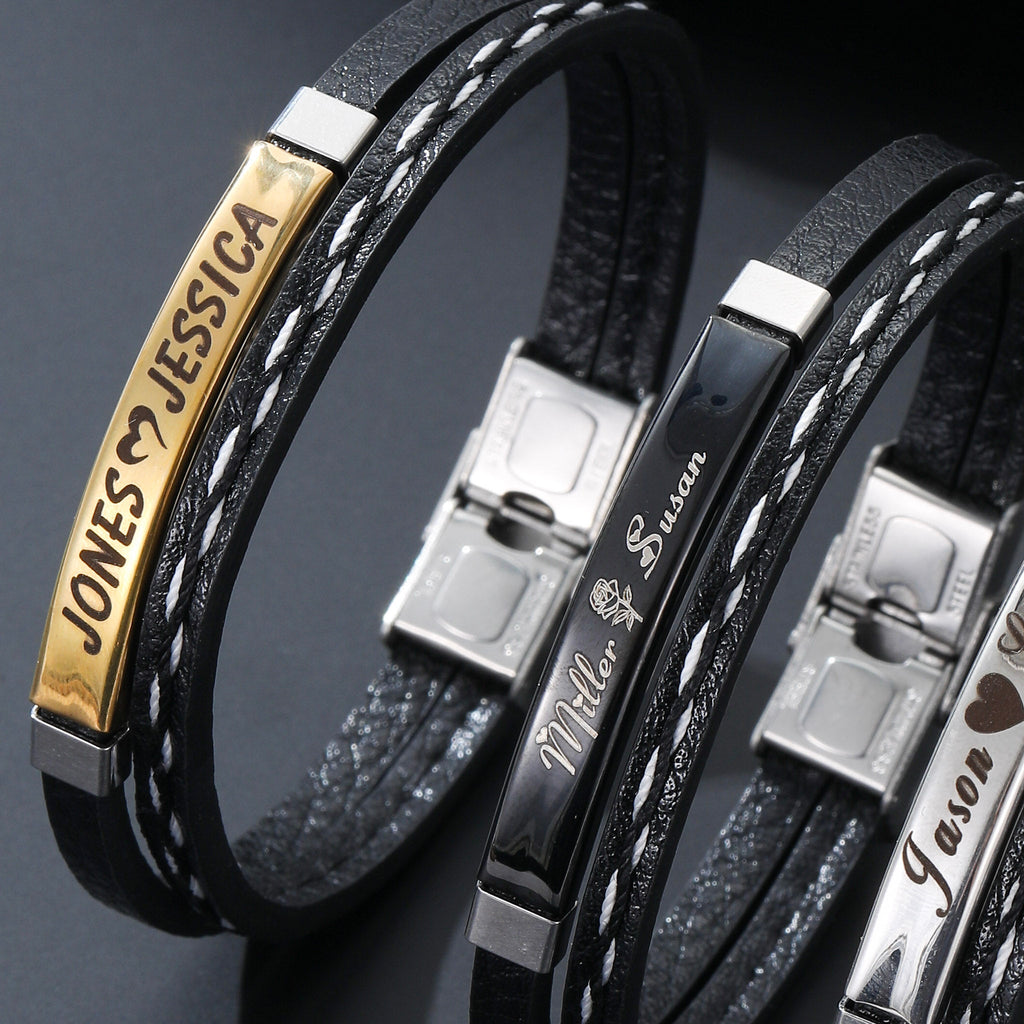 Personalized Engraved Leather Name Bracelet for Men - Ornaments Co - 18K Gold Plated
