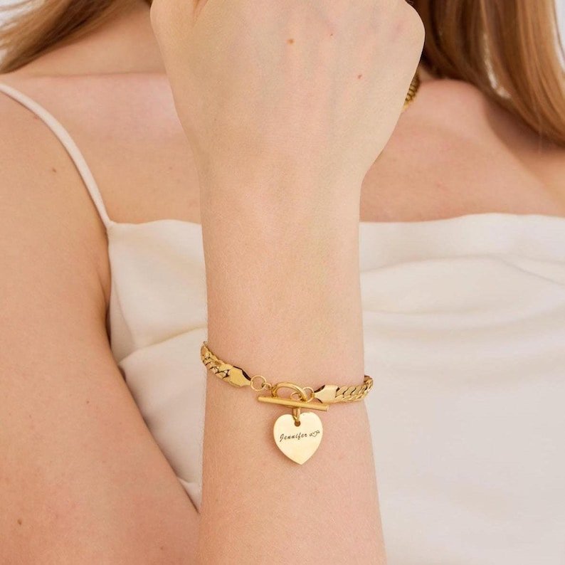Snake Bone Chain Engraving Heart Bracelet - Ornaments Co - 18K Gold Plated