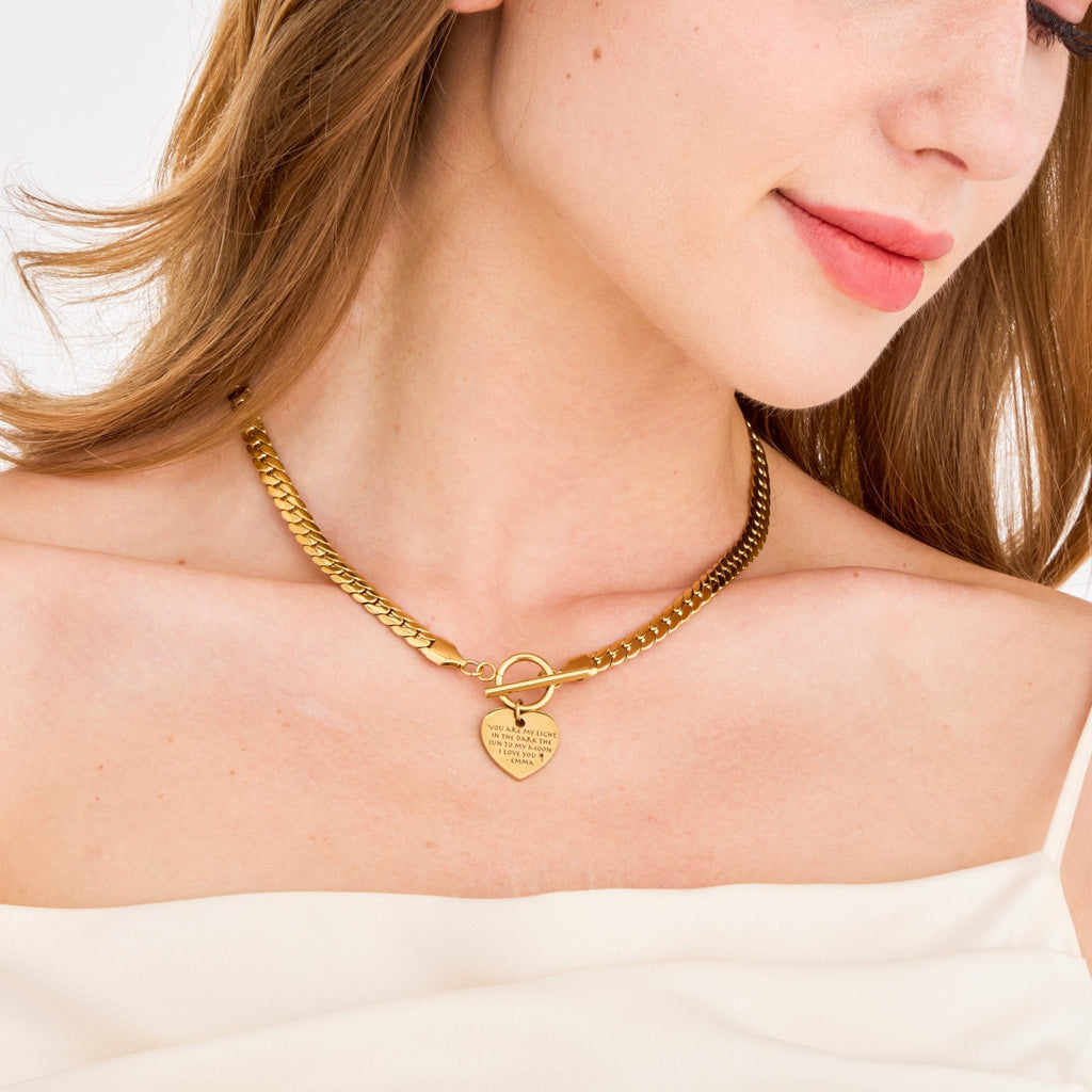 Snake Bone Chain Engraving Heart Necklace - Ornaments Co - 18K Gold Plated